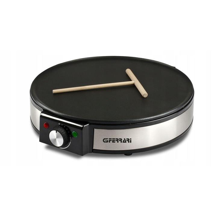 Уред за палачинки/крепиера G3Ferrari Profi-Crepe 1200 W, незалепваща плоча, регулиране на температурата, включва шпатула и дървена бъркалка, инокс/черен, 30 см
