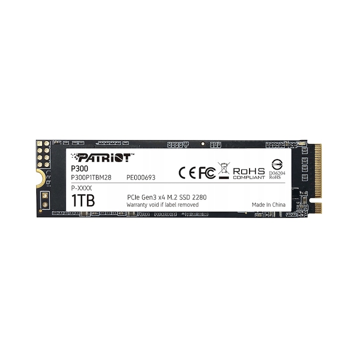 SSD M.2 Patriot P300, устройство за съхранение 1TB, PCIe Gen3 x4 NVMe, M.2 2280, TLC, 1 бр