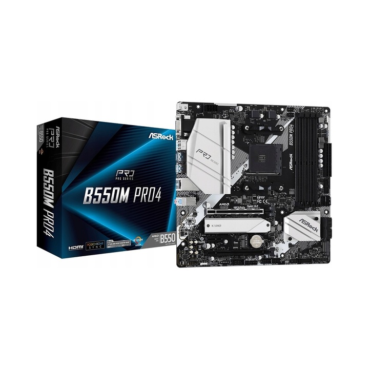 Дънна платка ASRock B550M Pro4, цокъл AM4, чипсет AMD B550, micro ATX, 4 x DDR4 (до 128 GB), PCIe 4.0 x16, Hyper M.2 Gen4 x4 NVMe, 6 x SATA3, HDMI/DisplayPort, 2 x USB 3.2 Gen2 (A+C), Realtek Gigabit LAN, аудио 7.1 (ALC1200), черно/сребристо, 1 бр