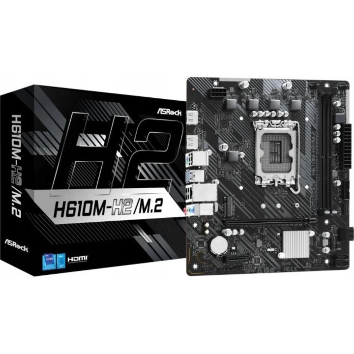Дънна платка / Motherboard ASRock H610M-H2/M.2, intel H610, micro ATX, цокъл 1700, съвместима с процесори intel 12/13/14 ген, 2 x DDR4 до 64GB, M.2 x1, 4 x SATA, HDMI, черна, 1 бр