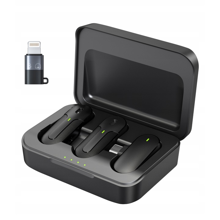 Set 2 bucati, Microfon lavalier wireless Medialove K83, powerbank 300mAh, baterie microfon 40mAh, reducere inteligenta a zgomotului, raza operare pana la 20 m, compatibil USB-C si Lightning (adapter inclus), Negru