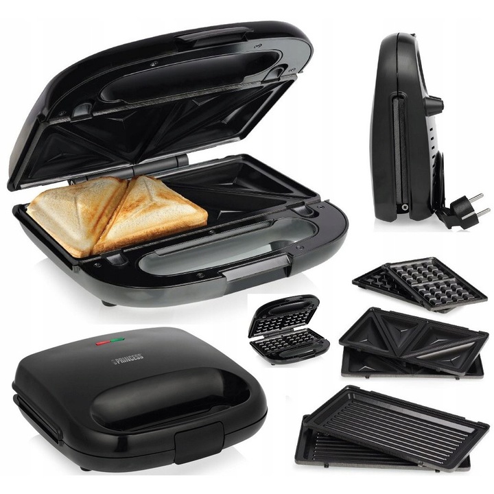Prajitor de sandvisuri Princess 3 in 1, placi interschimbabile, negru, 21.5x12.5cm