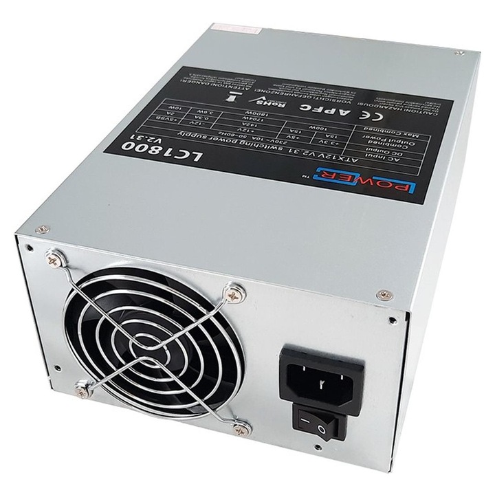 PC / ATX tápegység LC-POWER LC1800 V2.31 1800W, 8 x PCI-E 6+2 tűs, MB 20+4 tűs csatlakozó, nem moduláris, 8 cm ventilátor, ezüst, 86x150x210 mm