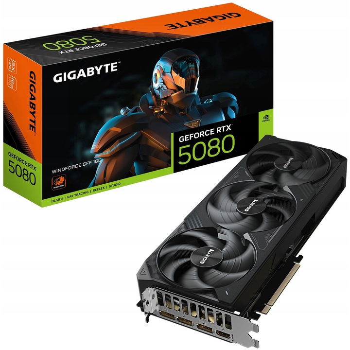 Placa grafica Gigabyte GeForce RTX 5080 Windforce SFF, 16 GB GDDR7, PCIe 5.0 x16, DLSS 4, Ray Tracing, 3x DisplayPort 2.1b/1x HDMI 2.1b, Negru