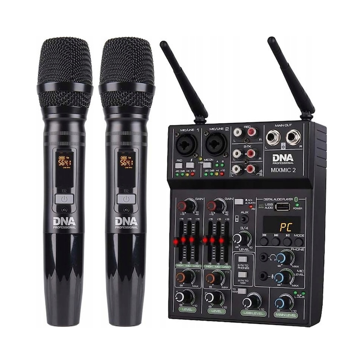 Комплект аудио миксер DNA MIXMIC 2, USB 5V Bluetooth, 2 включени безжични динамични микрофона, Черен, 1 комплект (миксер + 2 микрофона)