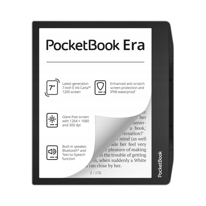 Електронна книга PocketBook Era, 7'' e-ink Carta 1200 екран, 16 GB вътрешна памет, IPX8, моно говорител с TTS синтез на речта, Bluetooth, черен