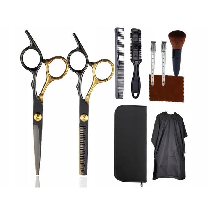 Set instrumente pentru frizerie SATIS, profesional, set complet 10 piese cu foarfeca de tuns si foarfeca pentru subtiere, etui si pelerina, Negru, 1 set