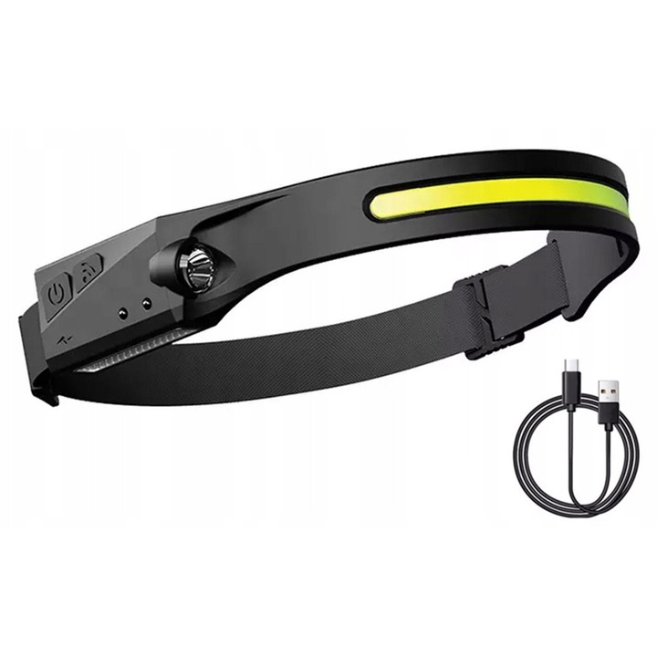 LED COB CREE челник, 350 lm, акумулаторна батерия 1200mAh, USB зареждане, IPX4 водоустойчивост, регулируем за глава, Черен, 1 бр