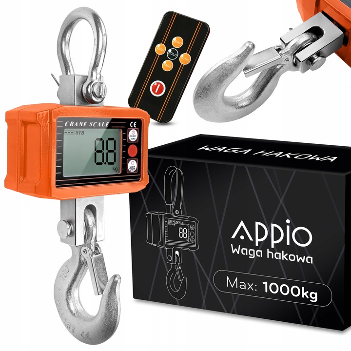 Cantar cu carlig Appio Hakowa, electronic, capacitate 1000 kg, cu telecomanda, afisaj LCD si functii TARE/HOLD/UNIT, portocaliu, 1 buc