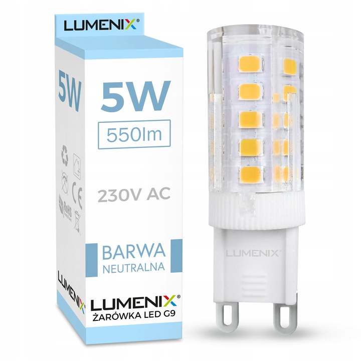 10 darabos készlet, LED G9 Lumenix SMD2835 izzó, 5W, 500 lm, semleges fehér, 10 x 1 db