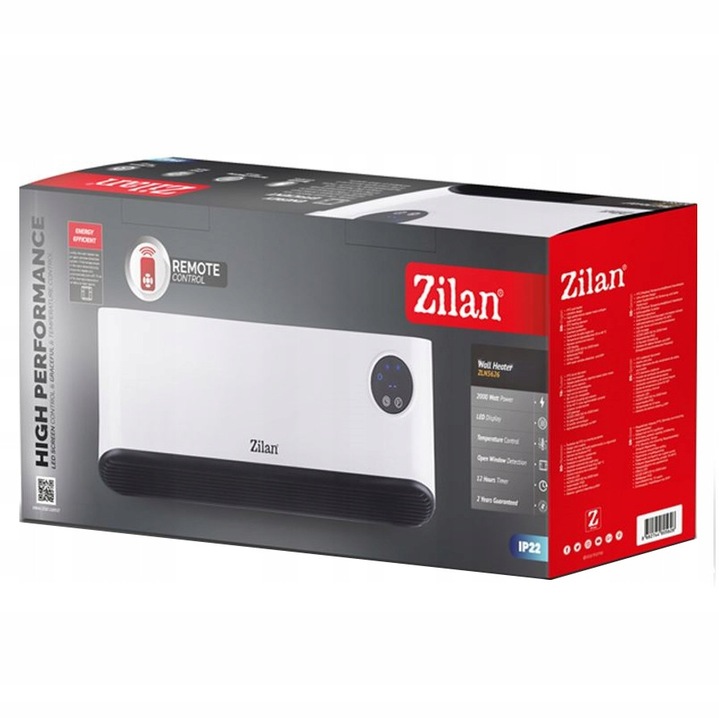 Вентилаторна печка Zilan 2000W керамична LED с дистанционно управление бяла 2,4кг 160см