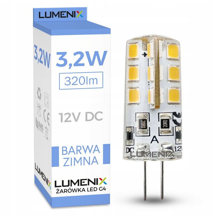 Комплект 10 броя, LED крушка G4 Lumenix 24x3014 SMD, 3,2W, 320lm, 12V DC, Студено бяла, Мини силиконова капсула