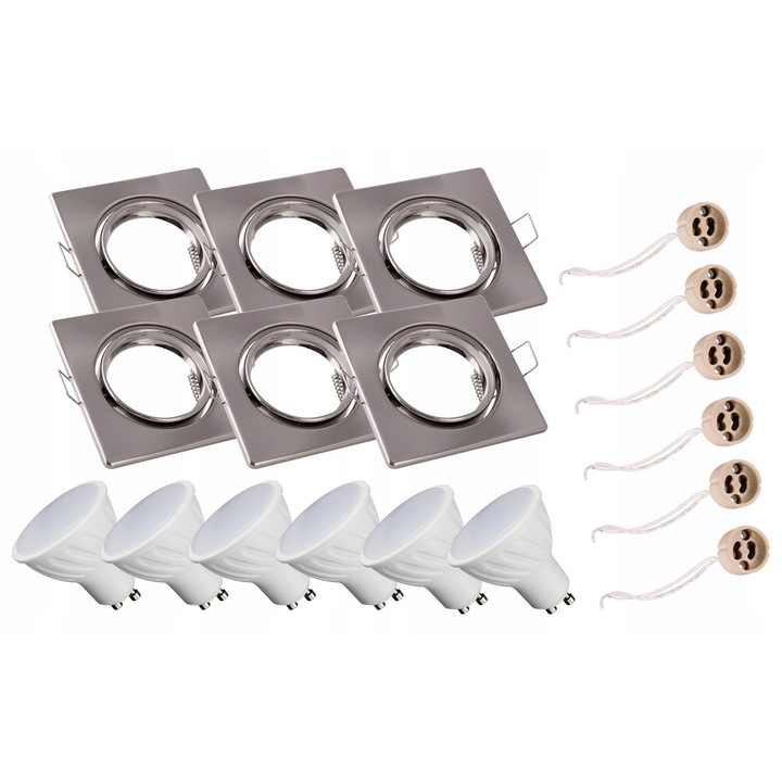 Set 6 bucati, Spot incastrat Lumenix Patrat, reglabil, cu soclu ceramic GU10, include 6 x bec LED GU10 8W 4500K (neutru), Satinat, 6 buc