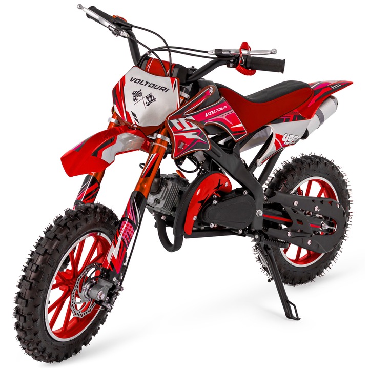 Mini motocicleta cross pe benzina voltouri cr49-red, 49cc, roti 10 inch, frane pe disc, pana la 35 km/h