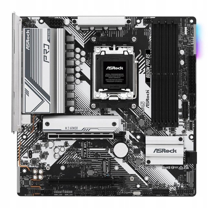 Дънна платка ASRock B650M Pro RS, цокъл AM5, чипсет AMD B650, DDR5, M.2 PCIe 4.0, SATA3, USB 3.1, черно/бяло, mATX, 1 бр