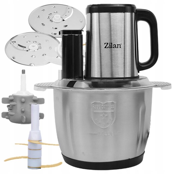 Електрически чопър Zilan Tytan, мултифункционален миксер 500W, 4 титаниеви остриета, купа от неръждаема стомана 3L, 4 програми и функция пулс, тъч панел, инокс, 1 бр