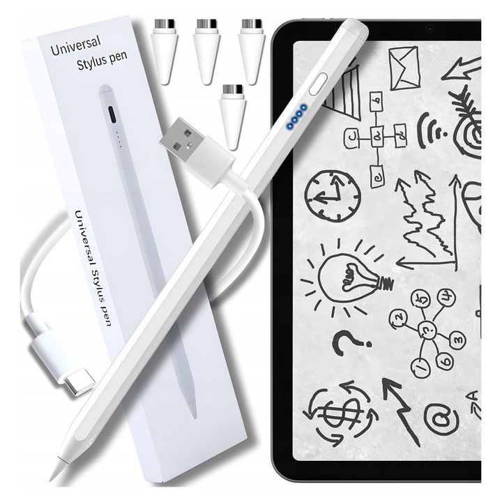 Стилус ZeeTech Universal, с функция Palm Rejection, магнитен, 4 накрайника в комплект, USB-C, бял, 1 бр