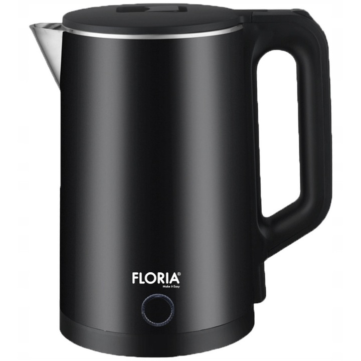 Floria Double Wall elektromos vízforraló dupla szigetelt falakkal, 1500W, hideg tapintású felület, 360°-ban forgatható alap, fekete, 2L