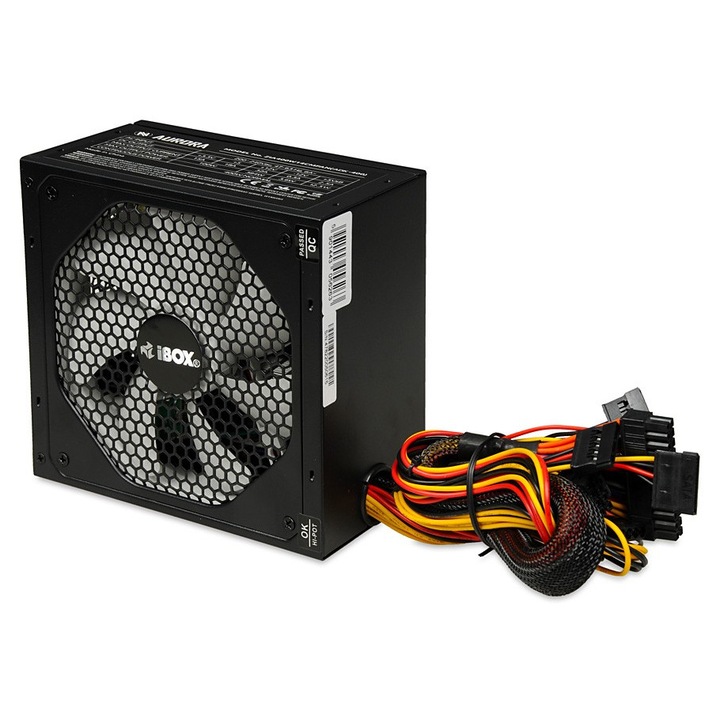 IBox Aurora 500W tápegység, 500W, ATX 2.03, 20+4 tűs csatlakozó, 140 mm ventilátor, többszörös védelem UVP/OVP/SCP/OPP/OCP/OTP, fekete, 1 db