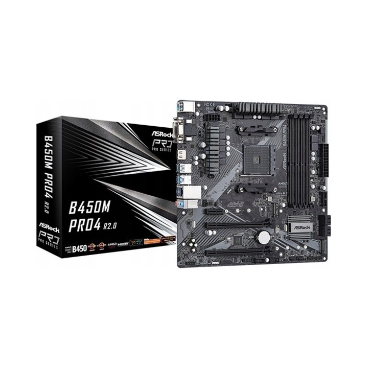 Дънна платка ASRock B450M Pro4 R2.0, цокъл AM4, DDR4 4 слота до 128GB 3200MHz, 2 x M.2 (PCIe Gen3 x4 + SATA), USB 3.2 Gen2 Type-A/Type-C, RGB Polychrome, Черна