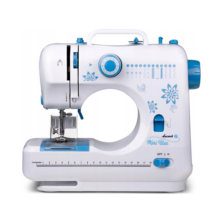 Lucznik Mini Blue varrógép, 12 varróprogram, tűvédő és automata orsózás, fehér/kék, 1 db