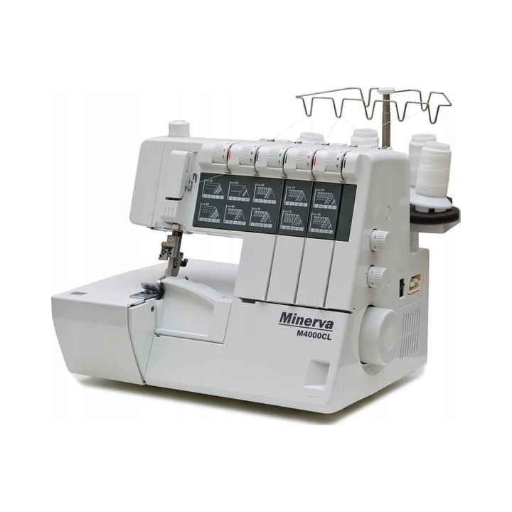 Overlock (serger) Minerva M4000CL, 5 szálas, 2 tűs, 20 öltéstípus, feszességállítás, öltéshossz-állítás 0,5-4 mm, öltésszélesség-állítás 3-9 mm, Fehér, 1 db