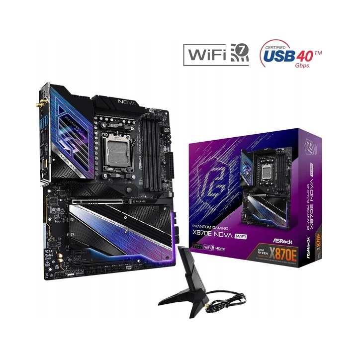 Дънна платка ASRock X870E NOVA WIFI, Socket AM5, DDR5, PCIe Gen5, Wi‑Fi 7, USB4 40Gbps, Черна, 1 бр