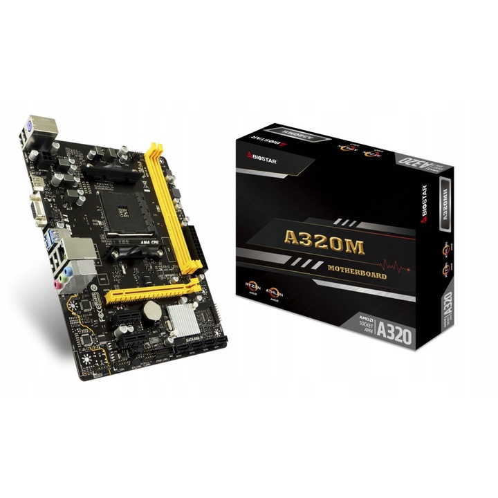 Дънна платка Biostar A320M, Athlon 200GE, 3.2GHz, Radeon Vega 3, Micro ATX, черна