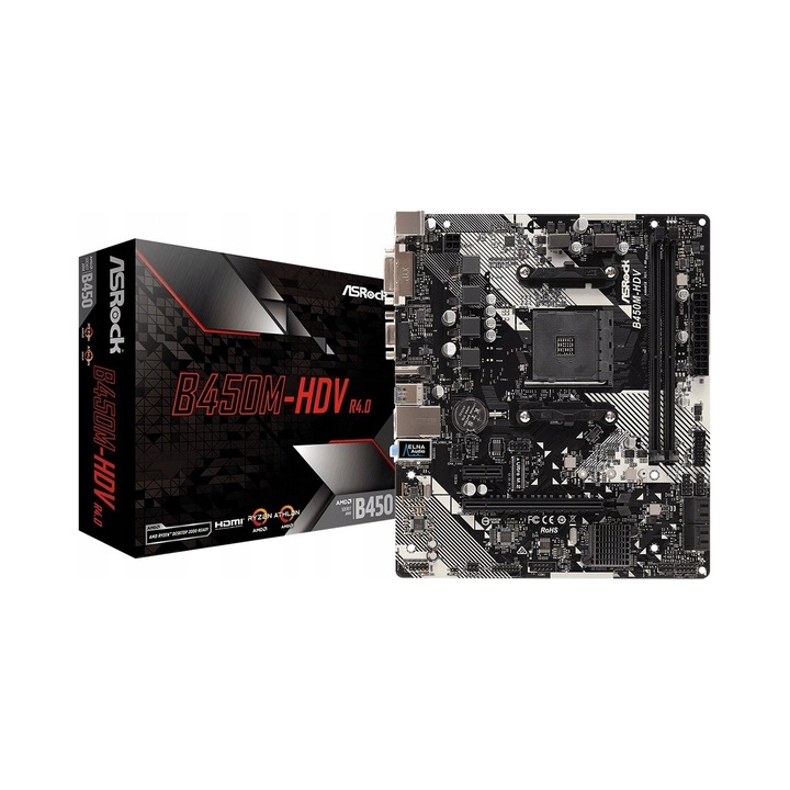 Дънна платка ASRock B450M-HDV R4.0, Micro ATX, Socket AM4, M.2 NVMe PCIe Gen3 x4, Черна, 1 бр