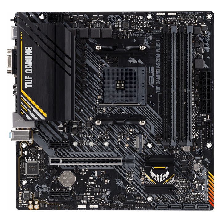 Placa de baza ASUS TUF Gaming A520M-PLUS II, socket AM4, chipset AMD A520, Micro ATX, DDR4 pana la 128 GB, M.2 NVMe, SATA III x4, HDMI 2.1, LED RGB, Negru, 1 buc