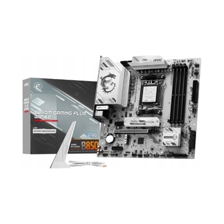 Placa de baza MSI B850M GAMING PLUS WIFI6E, Socket AM5, DDR5 4 sloturi pana la 256GB, Wi-Fi 6E & Bluetooth 5.3, M.2 NVMe x2, micro ATX, negru/gri, 1 buc