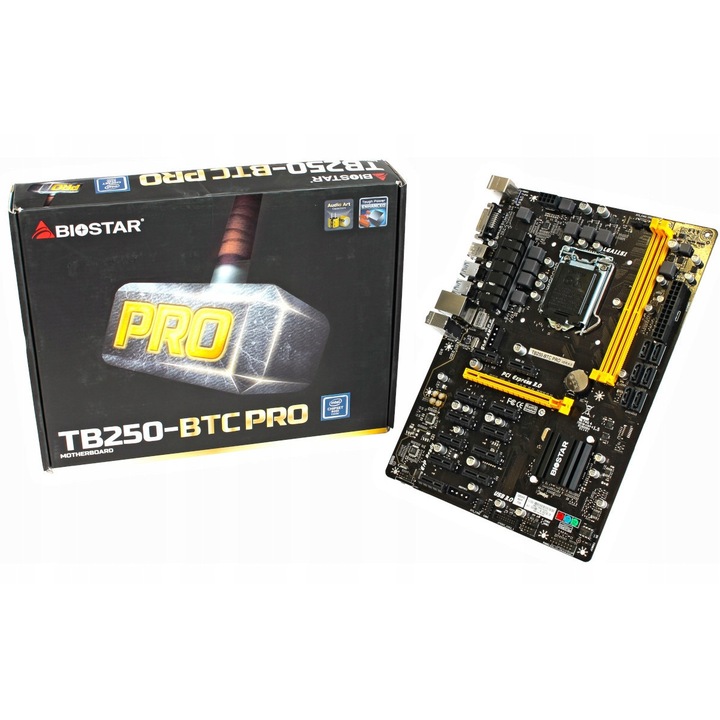 Дънна платка Biostar TB250-BTC PRO, за майнинг, 12 PCI-E порта за 12 GPU, цокъл LGA1151, ATX, черно/жълто, 1 бр