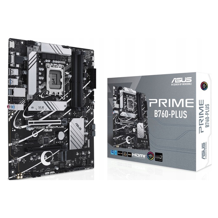 Дънна платка ASUS PRIME B760-PLUS, DDR5, LGA1700, PCIe 5.0, M.2, SATA3 x4, RAID 0/1/5/10, ATX, Aura Sync, Черно/Сребристо