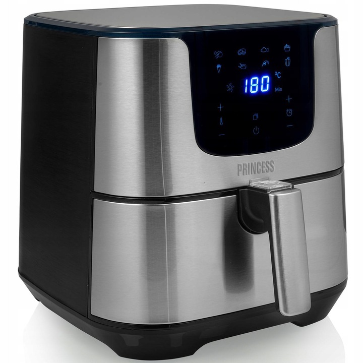 Friteuza fara ulei Princess 182060 airfryer, 1700 W, 8 programe, termostat reglabil pana la 200°C, argintiu, 5,5 L