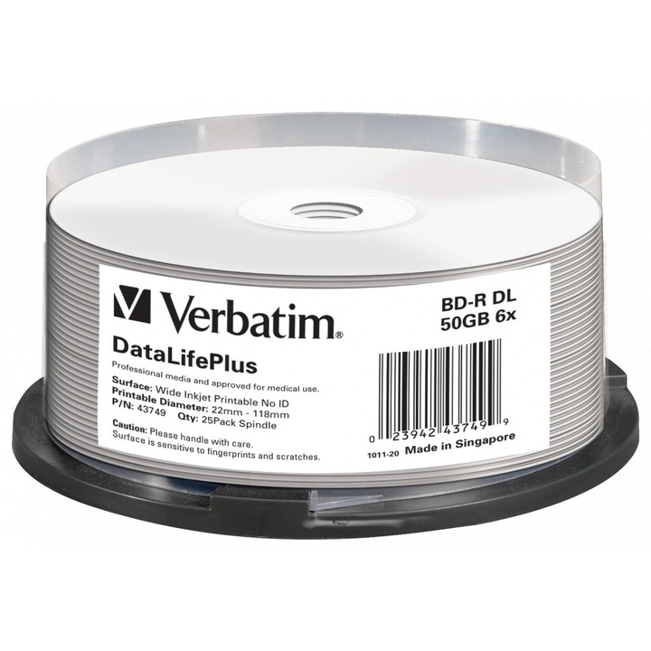 Blu-Ray BD-R DL Verbatim 50GB за печат бял 1бр Slim CD
