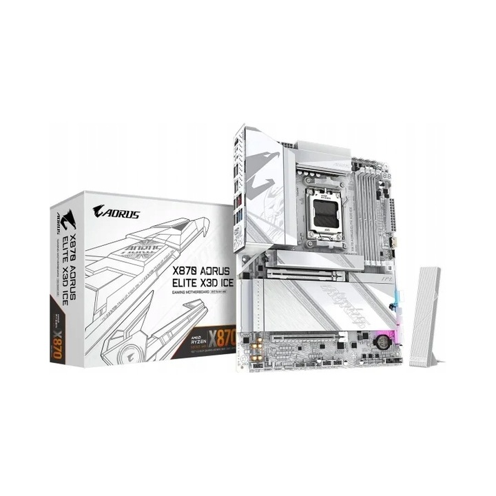 Дънна платка, motherboard Gigabyte X870 AORUS ELITE X3D ICE, Socket AM5, DDR5 OC до 9000 MT/s, PCIe 5.0 x16 и 4 x M.2 (вкл. PCIe 5.0 x4), Wi‑Fi 7, Бяла, 1 бр