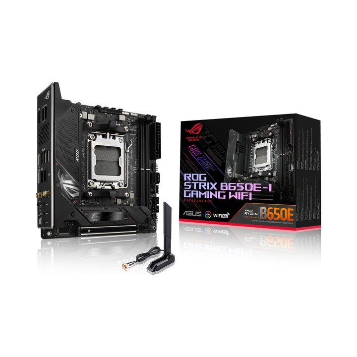 Placa de baza ASUS ROG Strix B650E-I Gaming WiFi, Socket AM5, DDR5, PCIe 5.0, Wi-Fi 6E, Bluetooth 5.2, M.2 x2, Mini ITX, 2.5Gb LAN, LED RGB, Negru, 1 buc