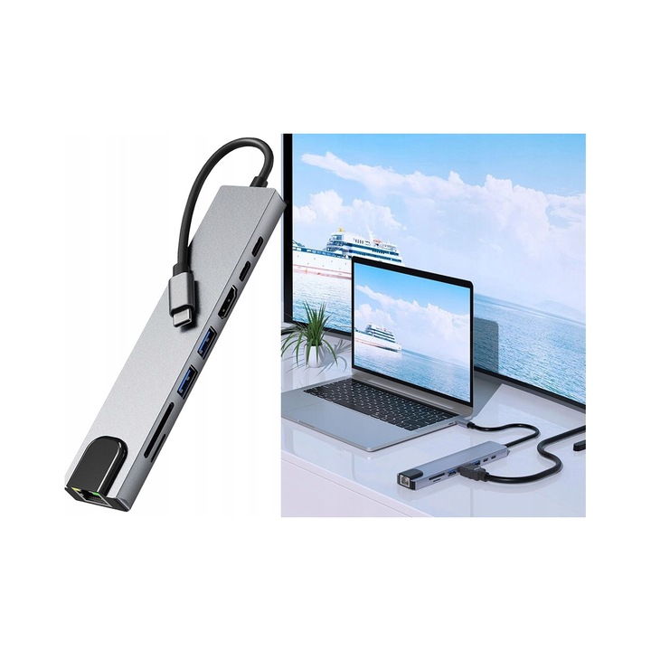 Hub USB-C prodigy.cat 8 az 1-ben, USB-C adapter, HDMI 4K@60Hz, PD 100W, Gigabit Ethernet, 2x USB-A 3.0, 2x USB-C, SD/TF kártyaolvasó, Szürke, 1 db