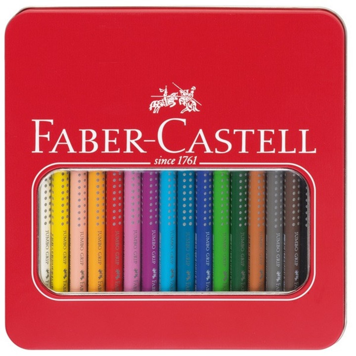 Цветни моливи Faber-Castell Jumbo Grip 16 цвята, триъгълни, 3.8мм, метален комплект