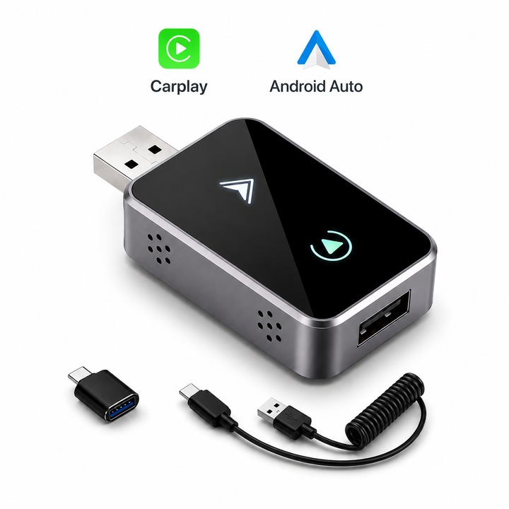 Adapter Vezeték nélküli CarPlay és Android Auto 2 az 1-ben MIROK®, Prémium Fém Burkolat, Bluetooth 5.2, iOS 10+ / Android 11+, Automatikus Csatlakozás, Siri és Google Assistant Hangvezérlés, Plug & Play, Fekete