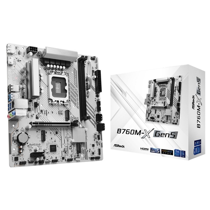 Дънна платка ASRock B760M-X Gen5, сокет LGA1700, поддръжка на DDR5 XMP/EXPO, PCIe 5.0 M.2, LAN 2.5 Gb, mATX, бяла, 1 бр
