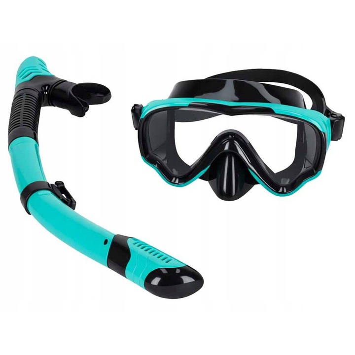 Ikonka, szilikon és műanyag búvármaszk és snorkel szett, panoráma ablakkal és állítható pánttal, türkiz/fekete, egy méret