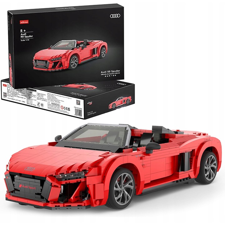 Конструктор Rastar Audi R8 Spyder, официално лицензиран, мащаб 1:14, с подвижни части (колела и свалящ се покрив), червен, 1440 части