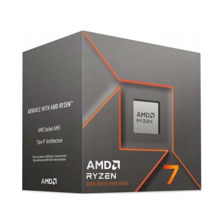 AMD Ryzen 7 8700F processzor, AM5 foglalat, 8 mag, 16 szál, 4,1-5,0 GHz, TDP 65W, integrált GPU nélkül, BOX ventilátorral, Többszínű, 1 db