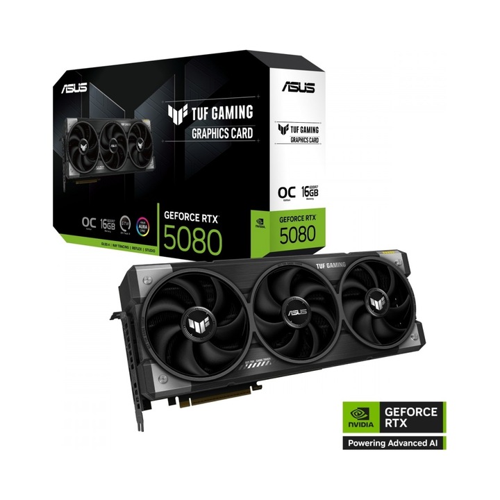 Видеокарта ASUS TUF Gaming GeForce RTX 5080 OC, 16 GB GDDR7, PCIe 5.0, активно охлаждане с 3 Axial-tech вентилатора, HDMI 2.1b/3x DisplayPort, Многоцветна