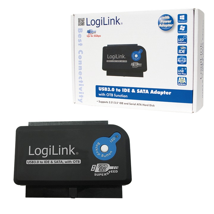 Адаптер Logilink USB 3.0 към IDE SATA, черен, пълен комплект