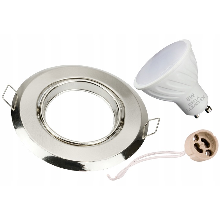 Set 6 bucati, Bec LED GU10 Lumenix 8W, cu corp incastrat rotund satinat, soclu ceramic, 880 lm, O50 mm, gaura montaj 75 mm, lumina calda 2900K