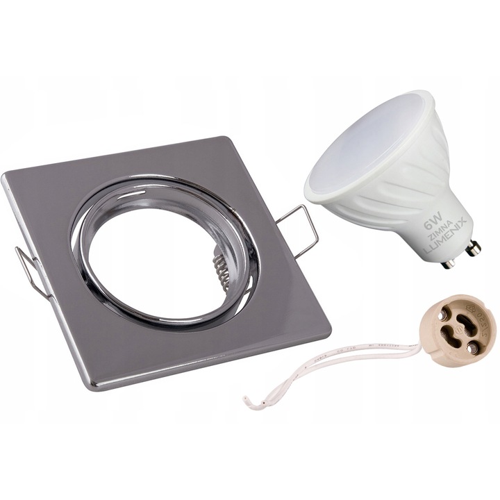Set 6 bucati, Spot incastrat patrat Lumenix, reglabil, crom, cu bec GU10 LED 6W rece 6000K, 6 x 1 buc