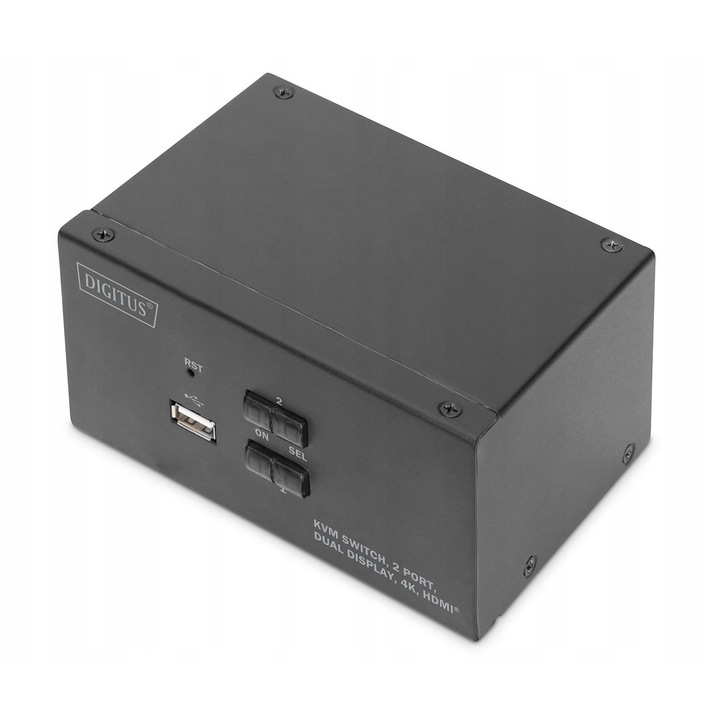 Digitus KVM kapcsoló 2-portos HDMI két monitorhoz, 4K/30Hz, USB hubbal és audio átkapcsolással, Fekete, 1 db
