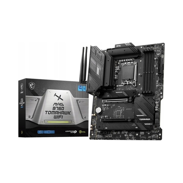 Дънна платка MSI MAG B760 TOMAHAWK WIFI, Intel B760, цокъл LGA1700, DDR5 4800-7000 MHz, 4 x DIMM, 3 x M.2, PCIe 5.0, WiFi, Bluetooth, LAN 2.5 Gb, Realtek ALC897 аудио, ATX, Черна, 1 бр